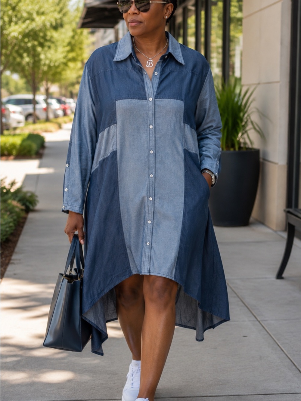 Two-Tone Denim Button-Front Tunic - Blue